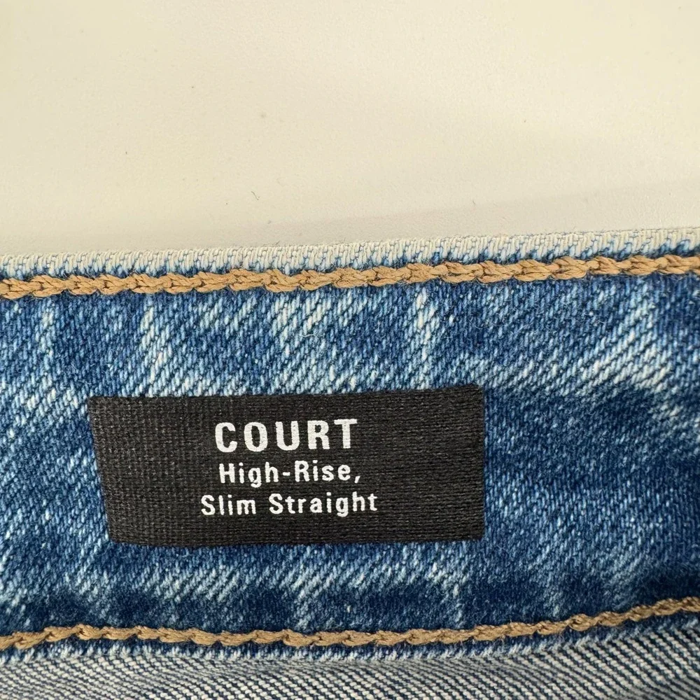 Brooklyn Industries Court Jeans Mens 29 Blue Slim Straight Distressed Raw Hem